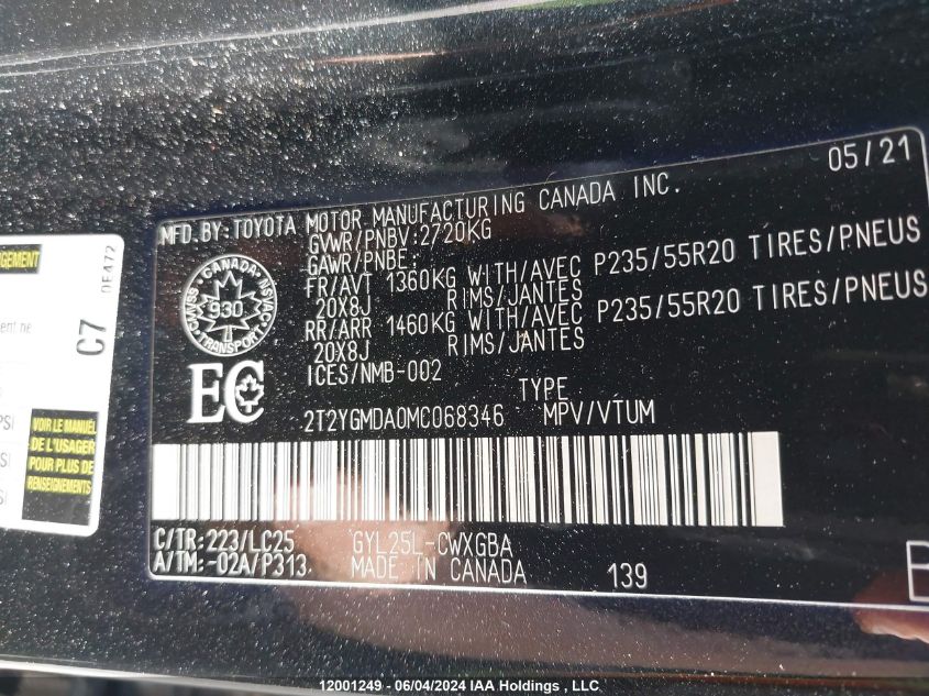 2021 Lexus Rx 450H VIN: 2T2YGMDA0MC068346 Lot: 12001249