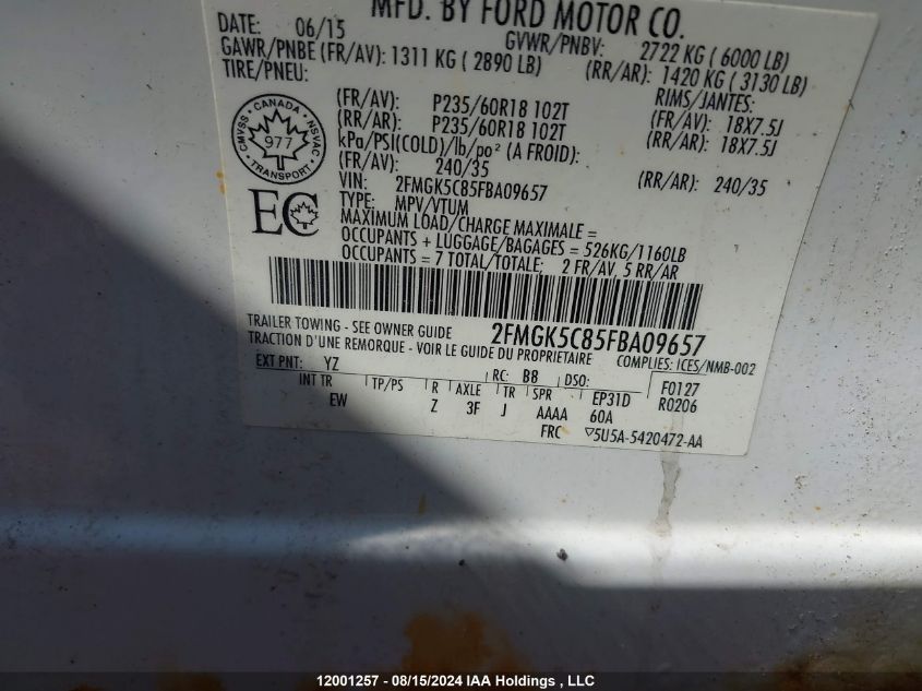 2015 Ford Flex Sel VIN: 2FMGK5C85FBA09657 Lot: 12001257