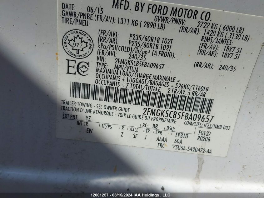 2015 Ford Flex Sel VIN: 2FMGK5C85FBA09657 Lot: 12001257