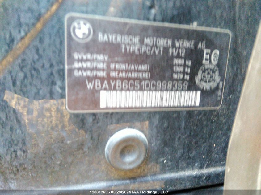 2013 BMW 7 Series VIN: WBAYB6C51DC998359 Lot: 12001265