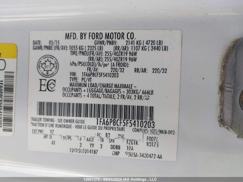 2015 Ford Mustang Gt VIN: 1FA6P8CF5F5410203 Lot: 12001270