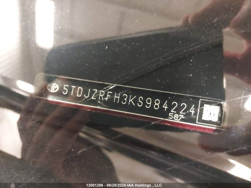 2019 Toyota Highlander Se/Xle VIN: 5TDJZRFH3KS984224 Lot: 12001286