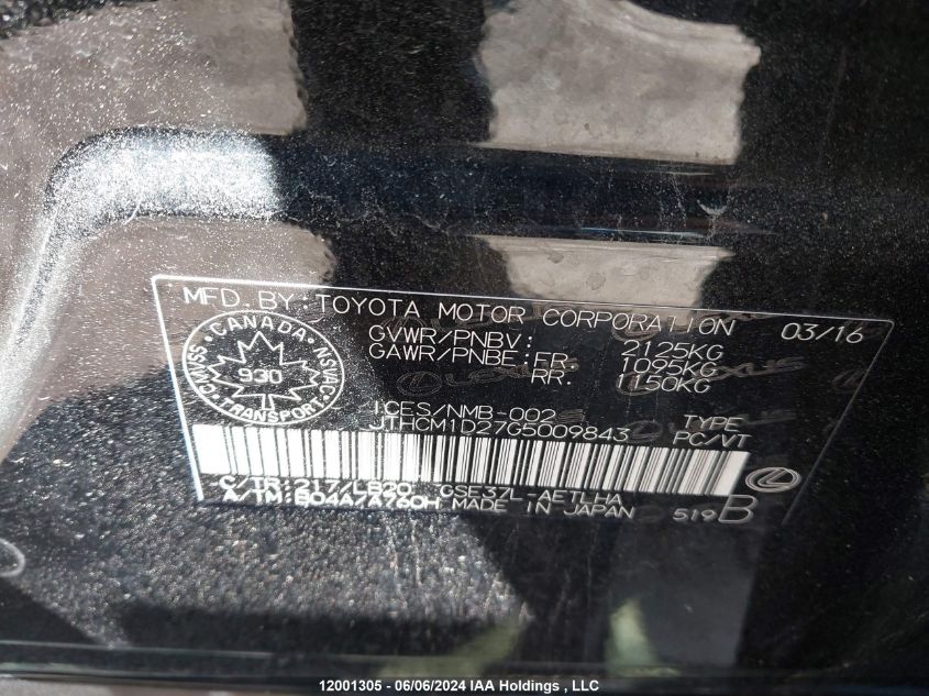 2016 Lexus Is 300 300 VIN: JTHCM1D27G5009843 Lot: 12001305