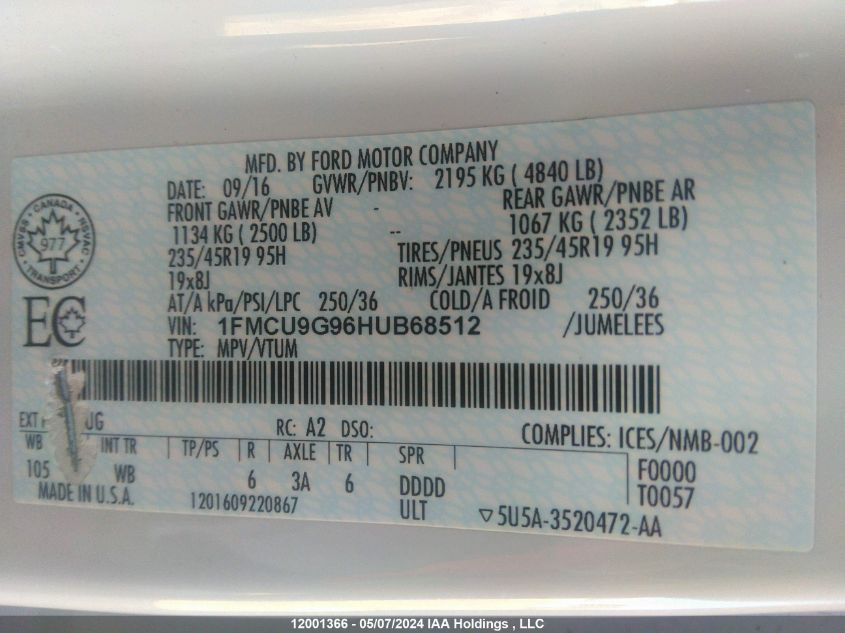 2017 Ford Escape VIN: 1FMCU9G96HUB68512 Lot: 12001366