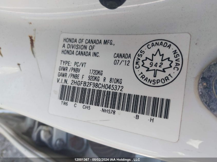 2012 Honda Civic Sdn VIN: 2HGFB2F98CH045372 Lot: 12001367