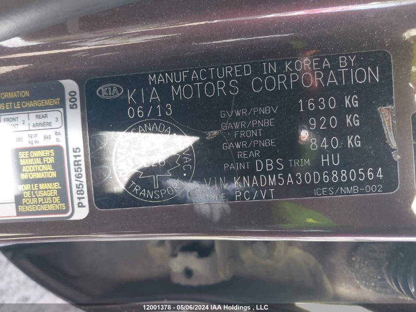 2013 Kia Rio Gdi VIN: KNADM5A30D6880564 Lot: 12001378