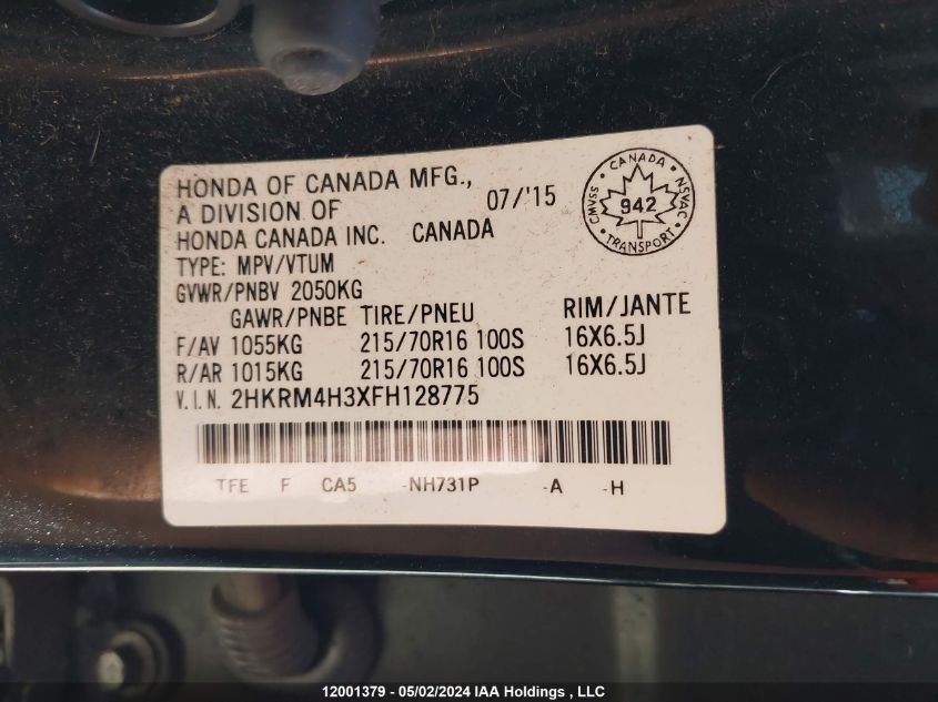 2015 Honda Cr-V VIN: 2HKRM4H3XFH128775 Lot: 12001379