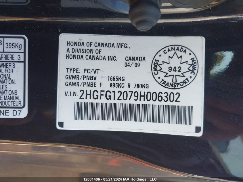 2009 Honda Civic Cpe VIN: 2HGFG12079H006302 Lot: 12001406