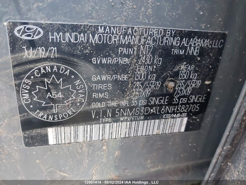 2022 Hyundai Santa Fe Sel VIN: 5NMS3DAL6NH382705 Lot: 12001414