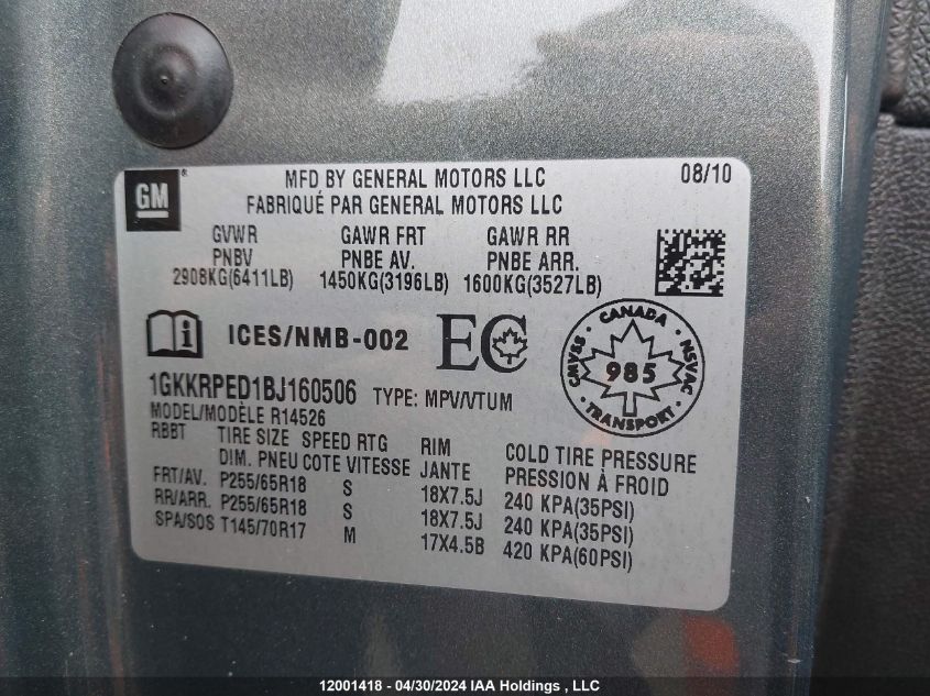 2011 GMC Acadia VIN: 1GKKRPED1BJ160506 Lot: 12001418