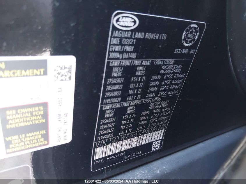 2021 Land Rover Range Rover Sport VIN: SALWZ2RE4MA781740 Lot: 12001422