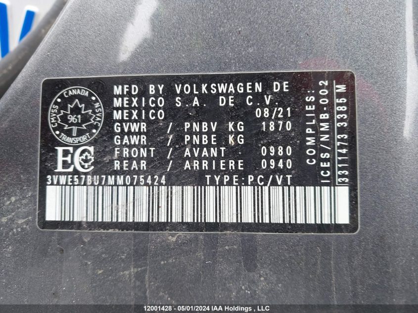 2021 Volkswagen Jetta VIN: 3VWE57BU7MM075424 Lot: 12001428