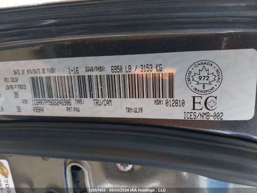 2016 Dodge Ram 1500 VIN: 1C6RR7PM9GS246906 Lot: 12001433