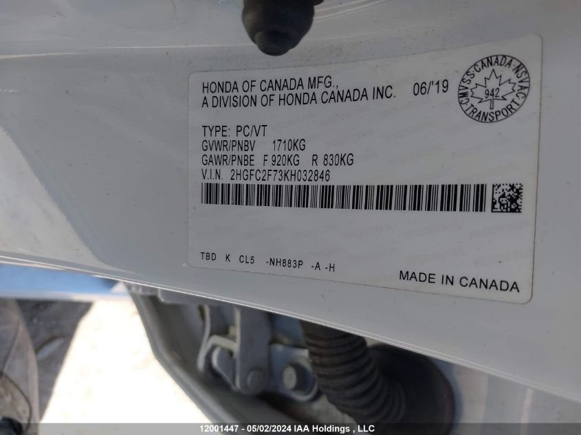 2019 Honda Civic Ex 4Dr VIN: 2HGFC2F73KH032846 Lot: 12001447