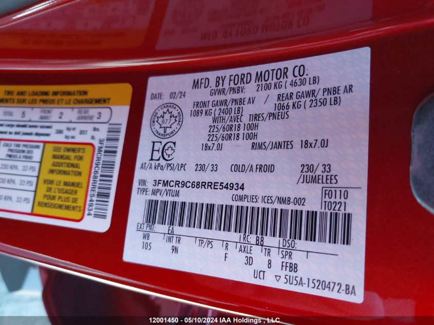 2024 Ford Bronco Sport VIN: 3FMCR9C68RRE54934 Lot: 12001450