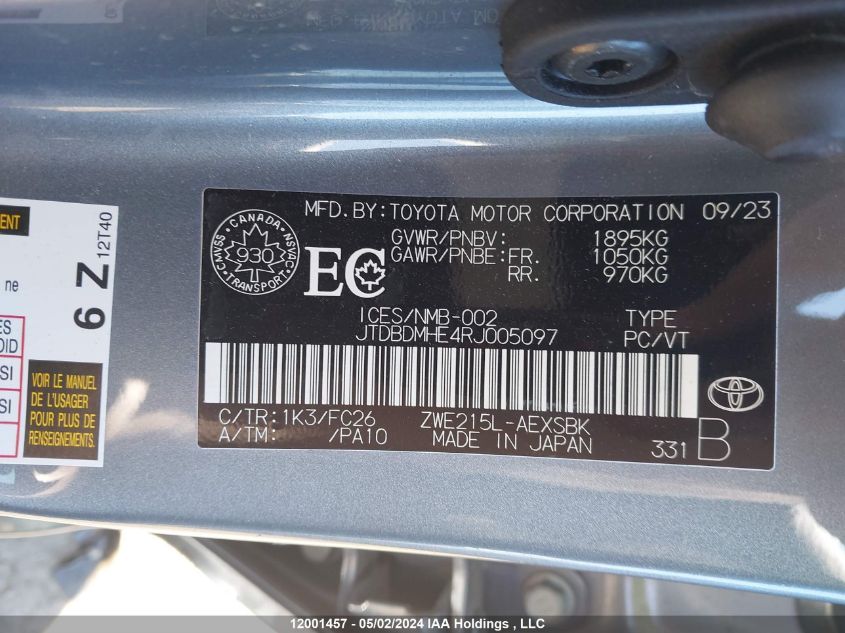 2024 Toyota Corolla Hybrid Le/Se/Xse VIN: JTDBDMHE4RJ005097 Lot: 12001457