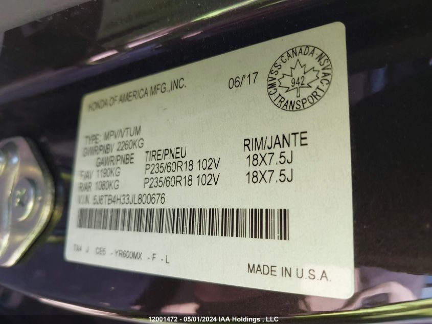 2018 Acura Rdx VIN: 5J8TB4H33JL800676 Lot: 12001472