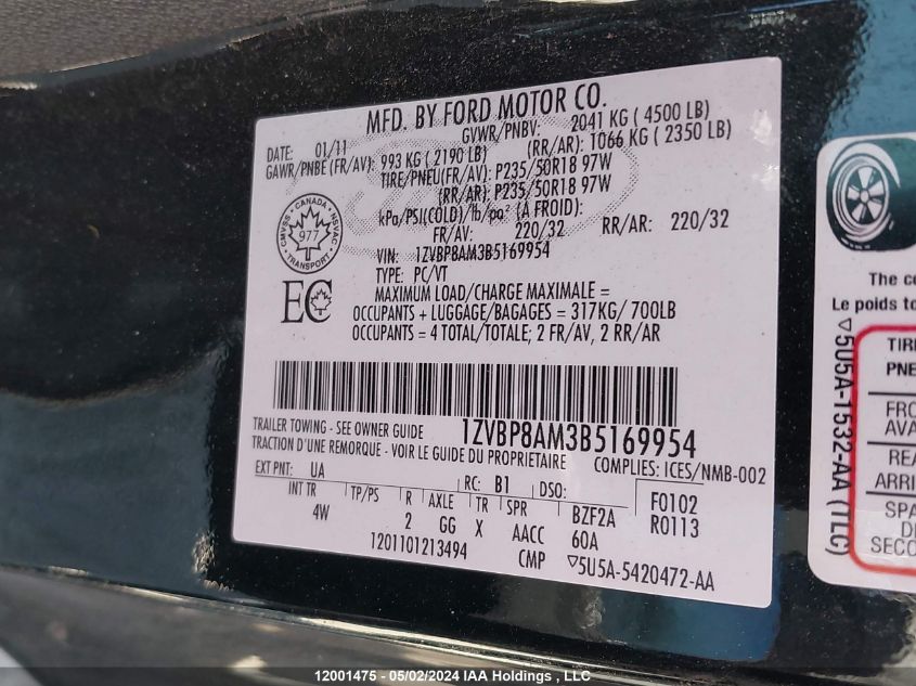 2011 Ford Mustang VIN: 1ZVBP8AM3B5169954 Lot: 12001475