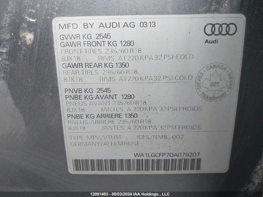 2013 Audi Q5 VIN: WA1LGCFP7DA079207 Lot: 12001483