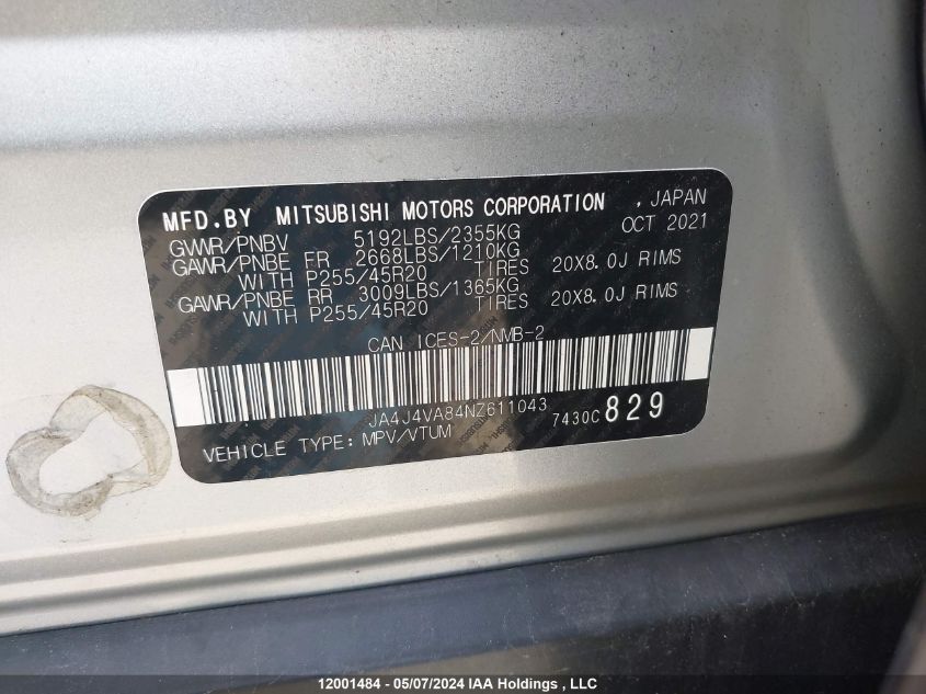 2022 Mitsubishi Outlander VIN: JA4J4VA84NZ611043 Lot: 12001484