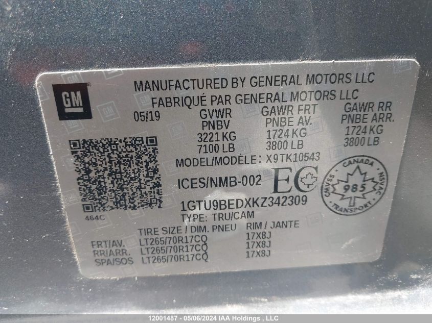 2019 GMC Sierra 1500 VIN: 1GTU9BEDXKZ342309 Lot: 12001487