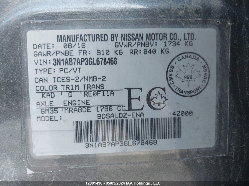 2016 Nissan Sentra S/Sv/Sr/Sl VIN: 3N1AB7AP3GL678468 Lot: 12001496