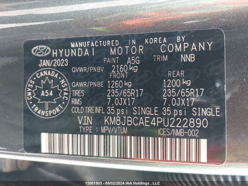 2023 Hyundai Tucson Sel VIN: KM8JBCAE4PU222890 Lot: 12001503