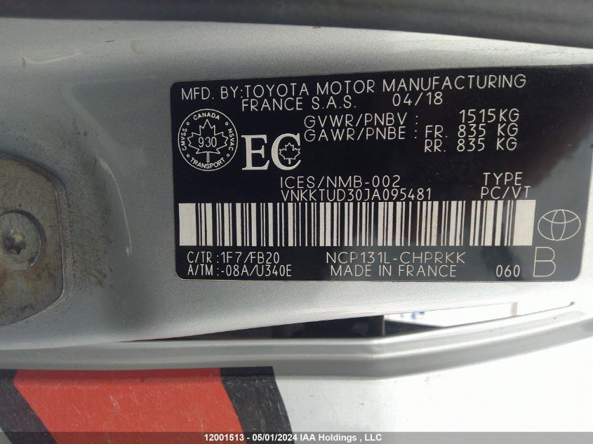 2018 Toyota Yaris L/Se/Le VIN: VNKKTUD30JA095481 Lot: 12001513