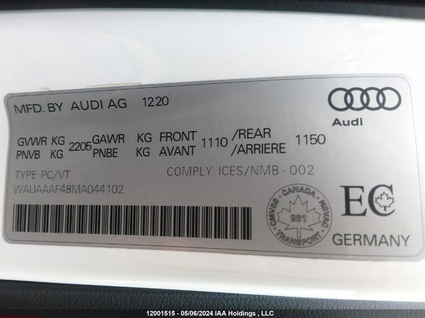 2021 Audi A4 Komfort 45 VIN: WAUAAAF48MA044102 Lot: 12001515