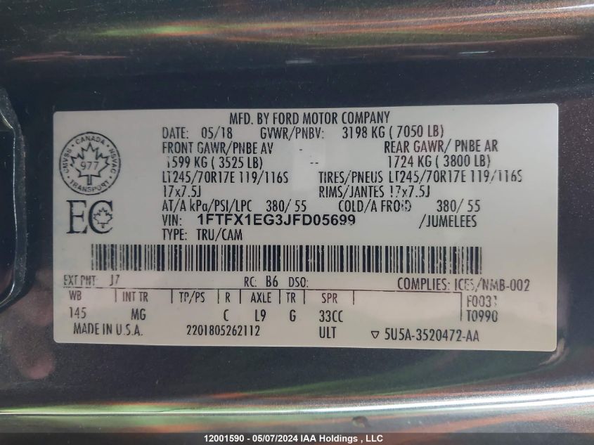 2018 Ford F-150 Xlt VIN: 1FTFX1EG3JFD05699 Lot: 12001590