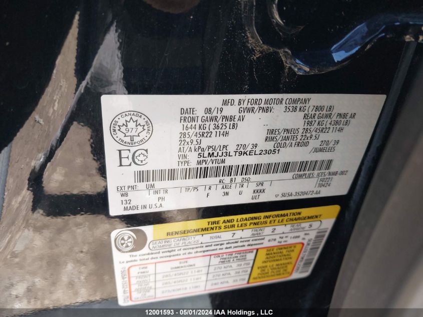 2019 Lincoln Navigator L Reserve VIN: 5LMJJ3LT9KEL23051 Lot: 12001593