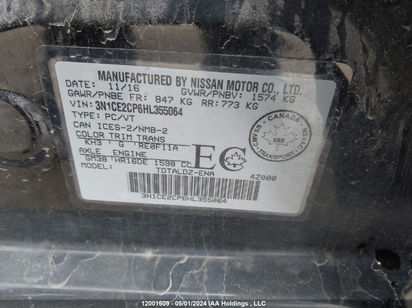 2017 Nissan Versa Note VIN: 3N1CE2CP6HL355064 Lot: 12001609