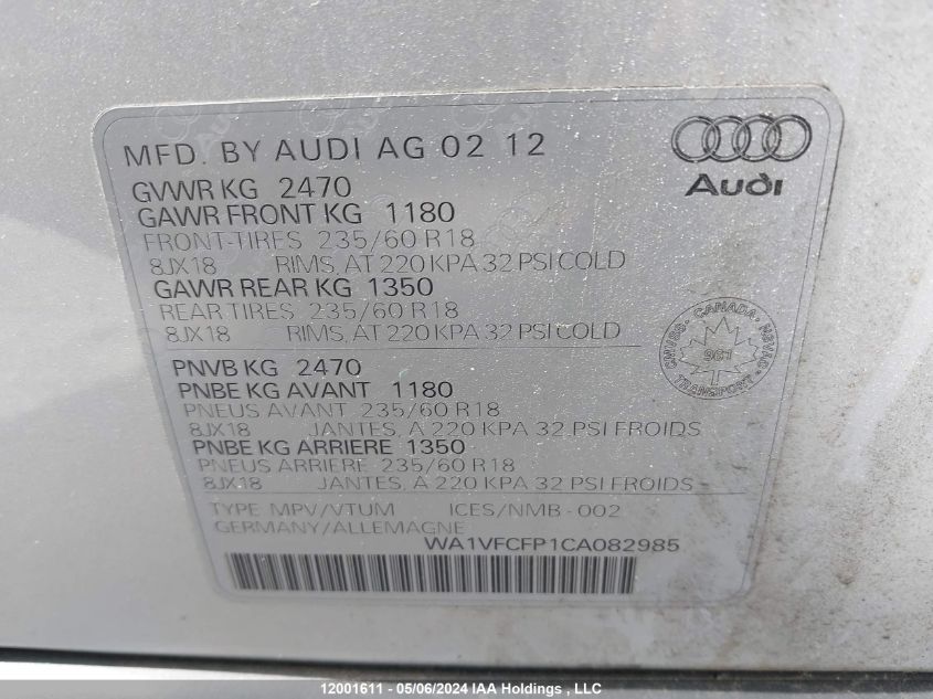 2012 Audi Q5 VIN: WA1VFCFP1CA082985 Lot: 12001611