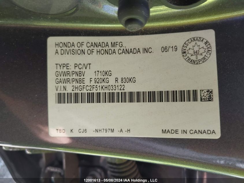 2019 Honda Civic Sedan VIN: 2HGFC2F51KH033122 Lot: 12001613