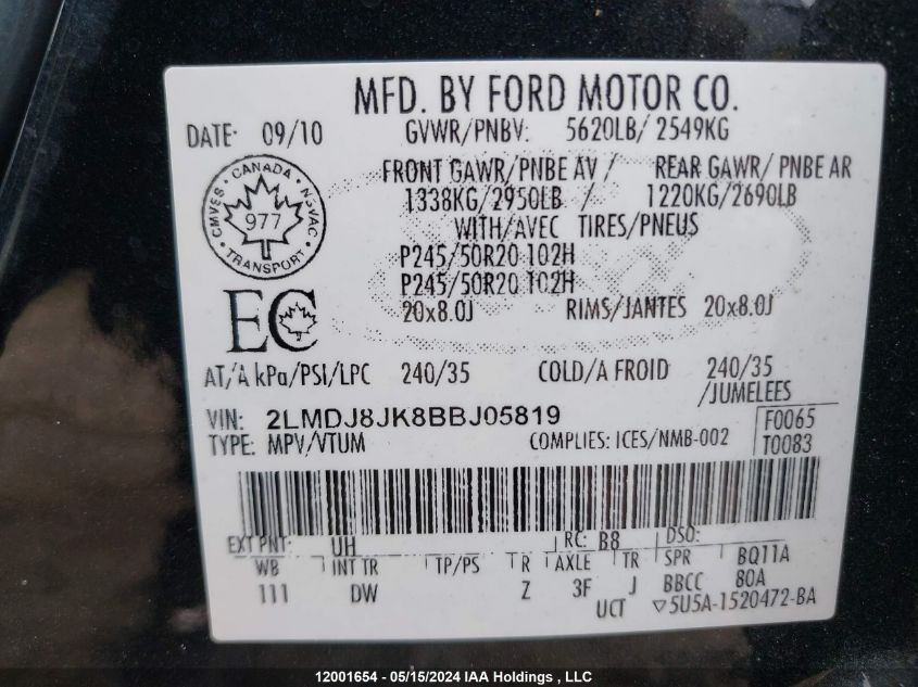 2011 Lincoln Mkx VIN: 2LMDJ8JK8BBJ05819 Lot: 12001654