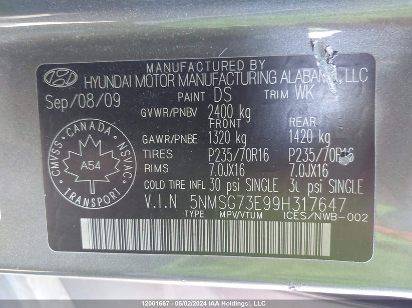 2009 Hyundai Santa Fe VIN: 5NMSG73E99H317647 Lot: 12001667