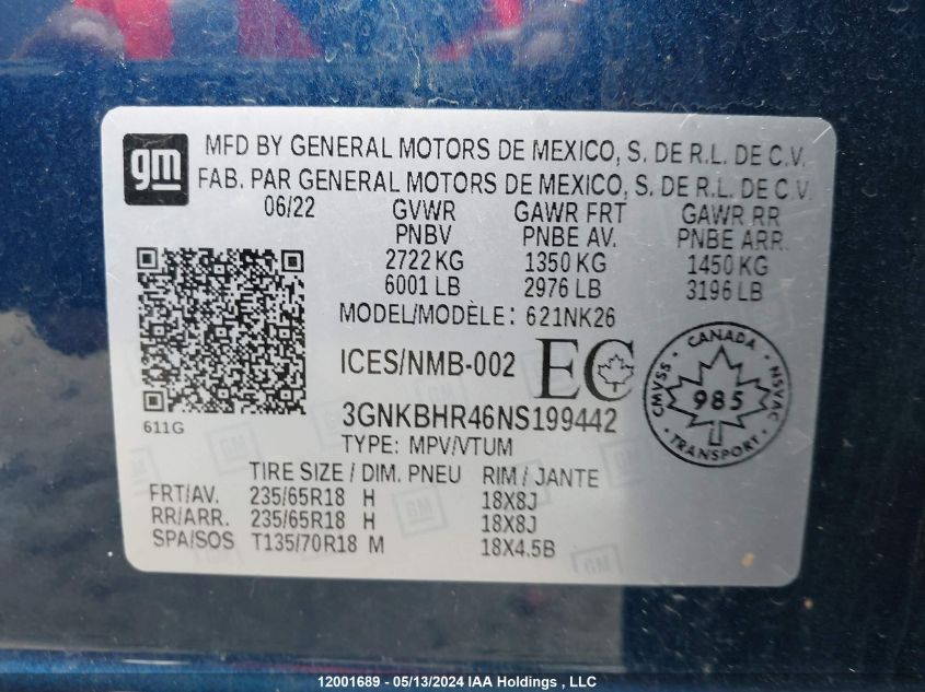 2022 Chevrolet Blazer 2Lt VIN: 3GNKBHR46NS199442 Lot: 12001689