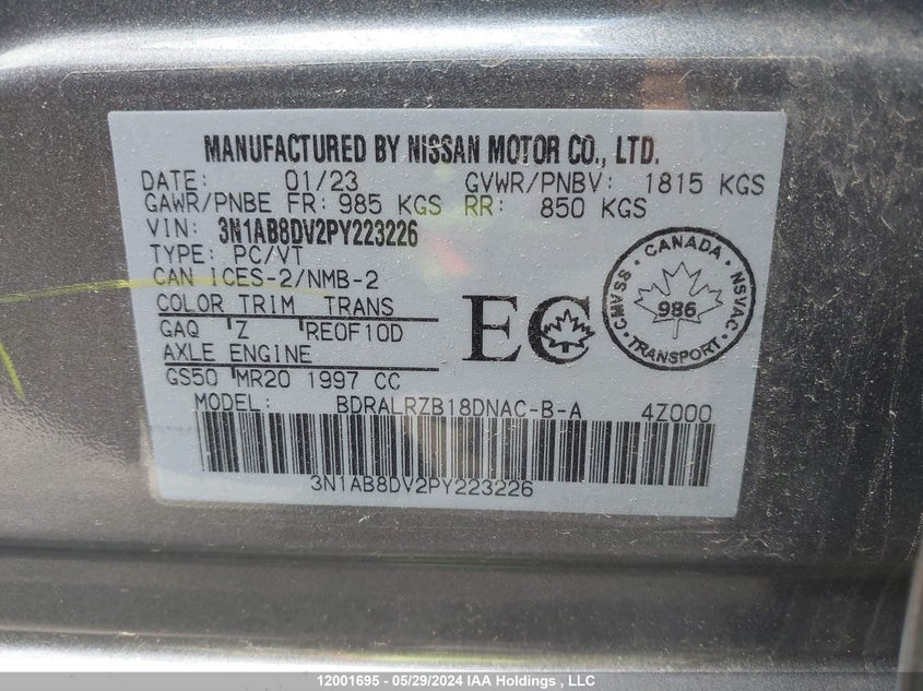 2023 Nissan Sentra VIN: 3N1AB8DV2PY223226 Lot: 12001695