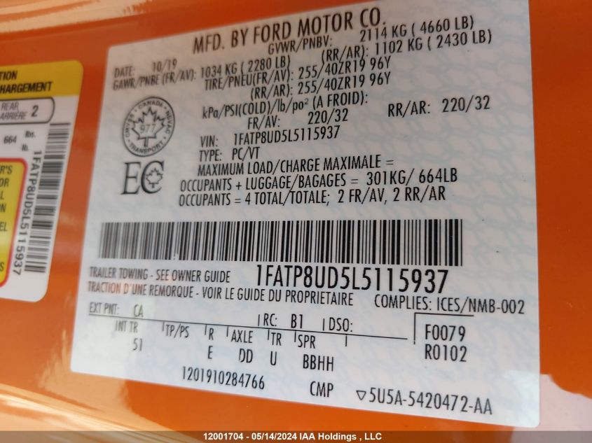 2020 Ford Mustang VIN: 1FATP8UD5L5115937 Lot: 12001704