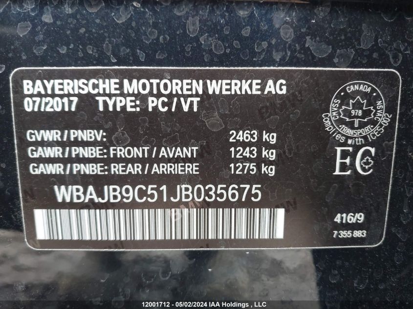 2018 BMW 5 Series VIN: WBAJB9C51JB035675 Lot: 12001712