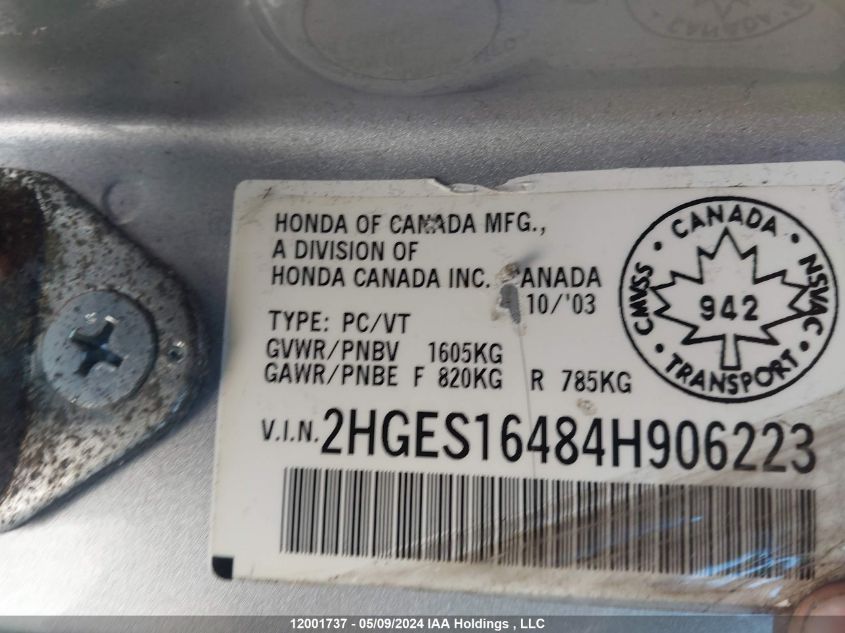 2004 Honda Civic Sdn VIN: 2HGES16484H906223 Lot: 12001737