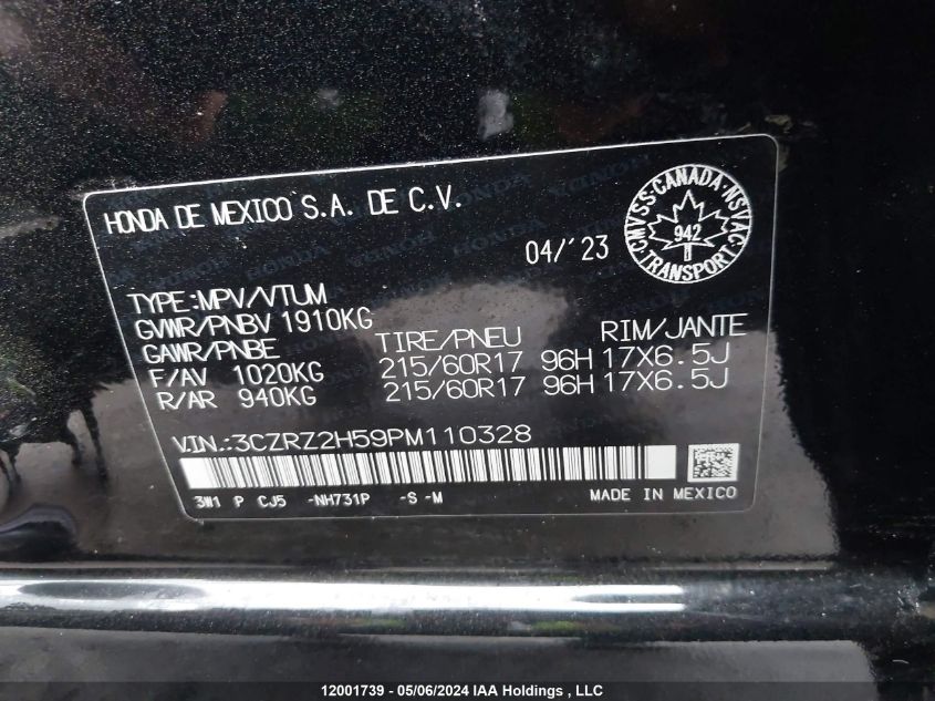 2023 Honda Hr-V Sport VIN: 3CZRZ2H59PM110328 Lot: 12001739