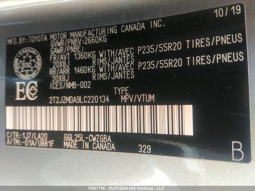 2020 Lexus Rx 350 VIN: 2T2JZMDA9LC220134 Lot: 12001756