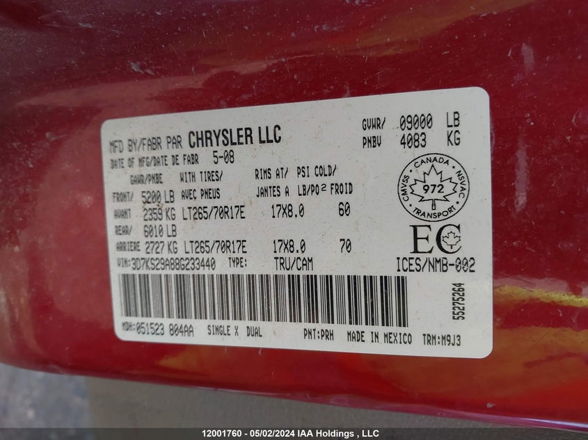 2008 Dodge Ram 2500 VIN: 3D7KS29A88G233440 Lot: 12001760