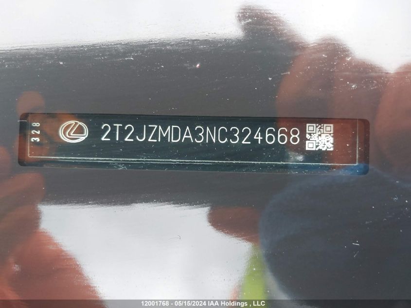 2022 Lexus Rx 350 VIN: 2T2JZMDA3NC324668 Lot: 12001768