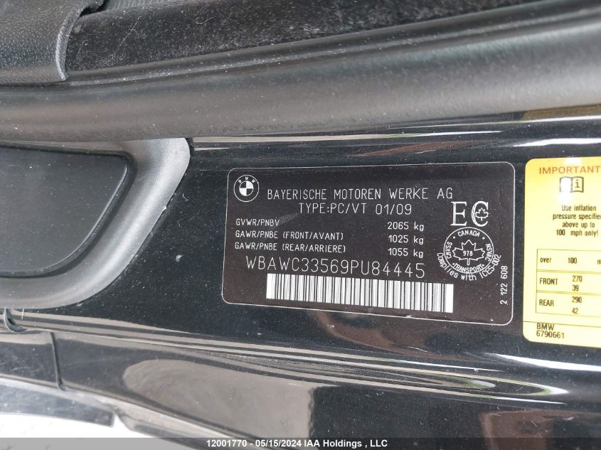2009 BMW 3 Series VIN: WBAWC33569PU84445 Lot: 12001770