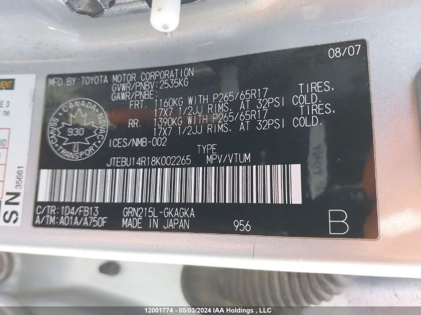 2008 Toyota 4Runner Sr5/Sport VIN: JTEBU14R18K002265 Lot: 12001774