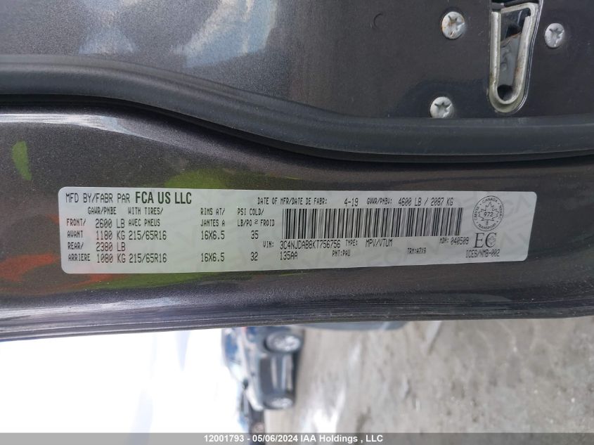 2019 Jeep Compass Sport VIN: 3C4NJDAB8KT756756 Lot: 12001793