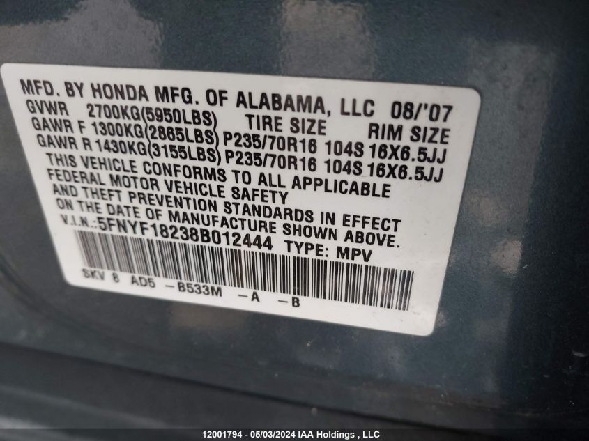 2008 Honda Pilot VIN: 5FNYF18238B012444 Lot: 12001794