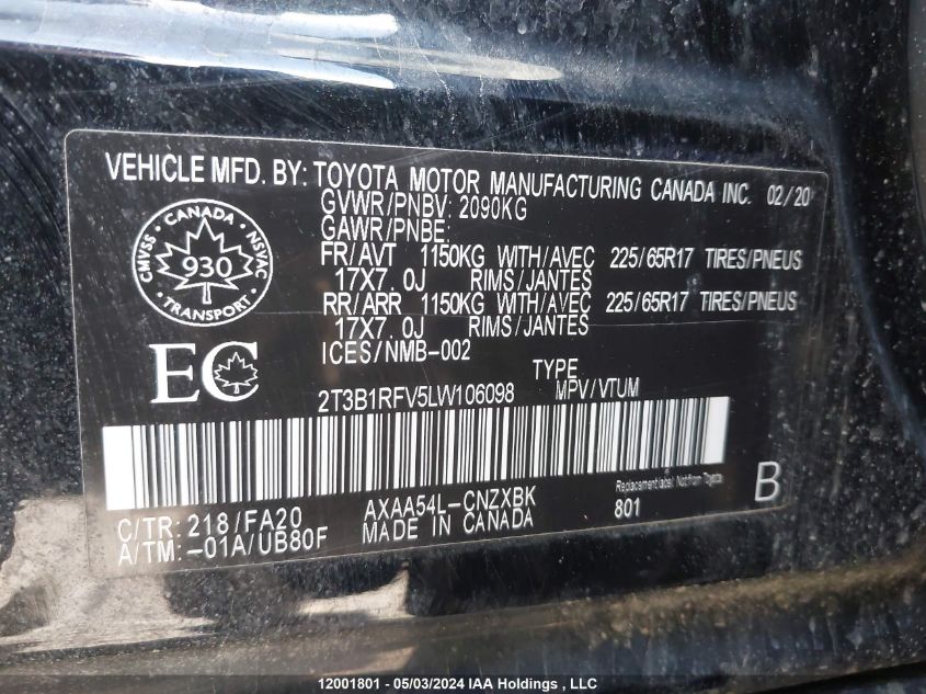 2020 Toyota Rav4 Le VIN: 2T3B1RFV5LW106098 Lot: 12001801